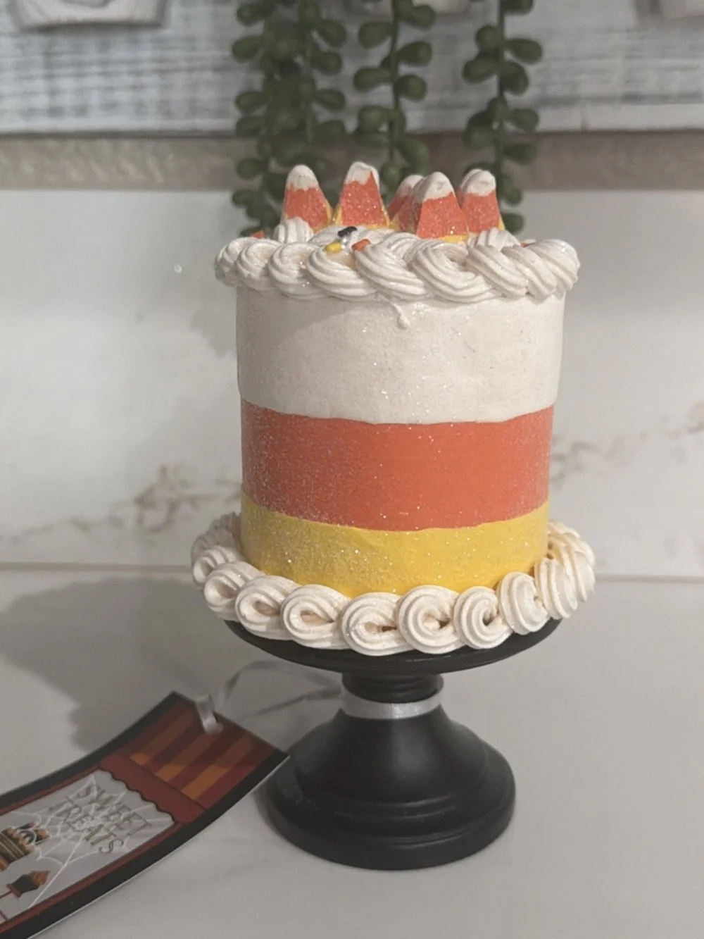 Sweet Treats Halloween Glittered Mini CANDY CORN Cake on Stand 6” NEW!